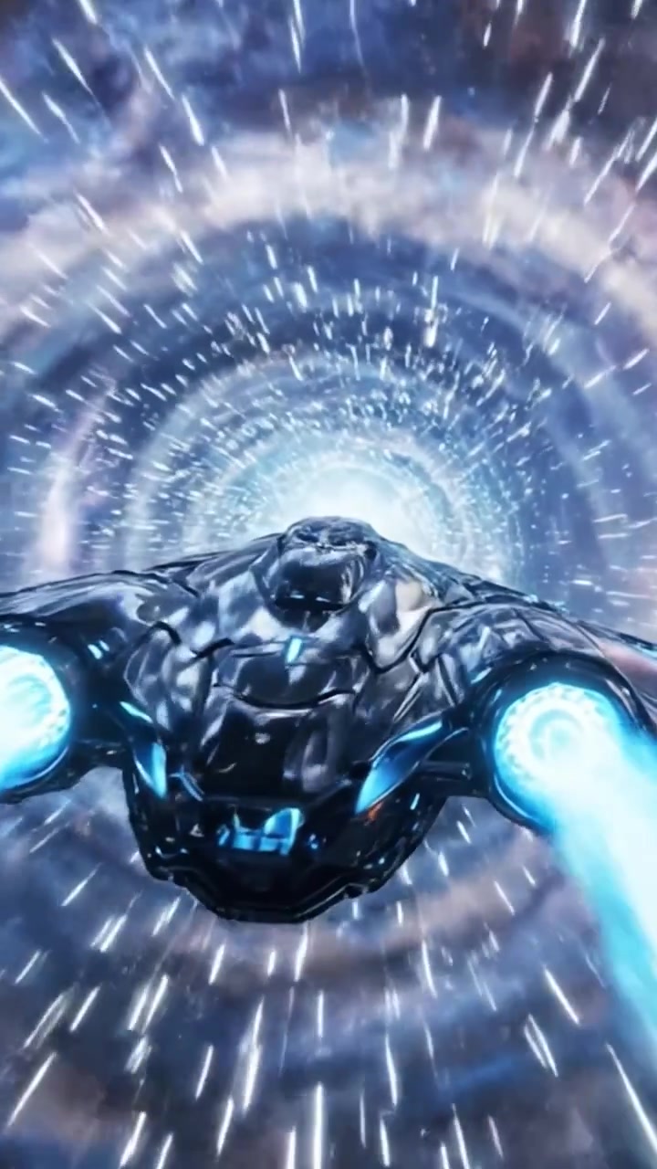 A Futuristic Starship Navigating Through a Vortex of Light and Speed, Capturing the Essence of Space Travel and the Thrill of Exploration Across the Cosmos