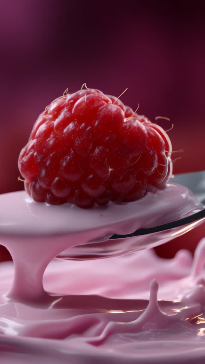 A Close-Up of a Fresh Raspberry Balanced on a Spoon with Creamy Pink Yogurt Splashes, Creating a Visual Delight in Bright Colors