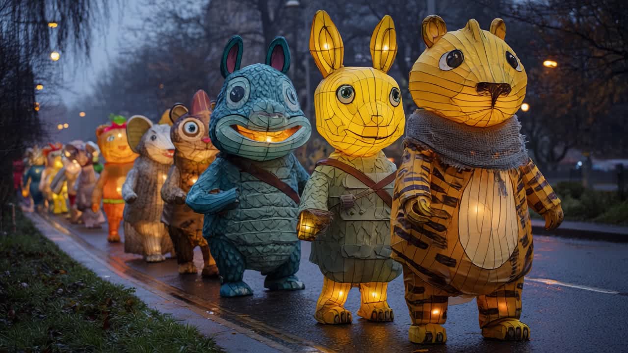 A Magical Parade of Illuminated Animal Lanterns: Delightful Creatures Marching Together in a Luminous Display During a Festive Evening Celebration