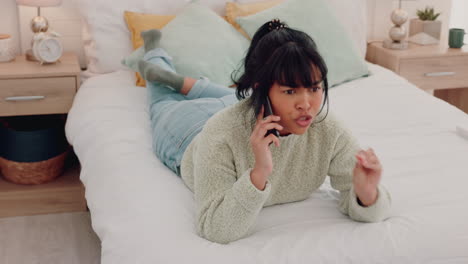 Woman,-bedroom-and-phone-call-frustrated-talking