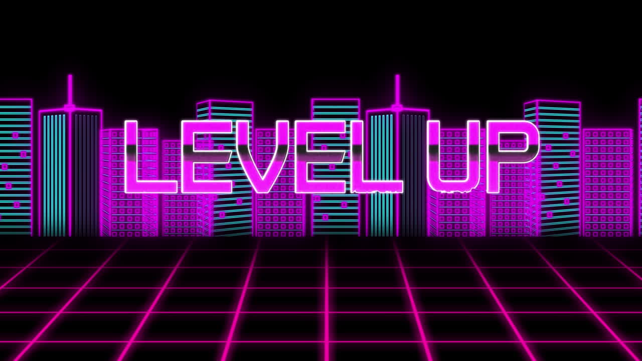 검은색 배경의 도시 풍경 위에 레벨 업 텍스트의 애니메이션