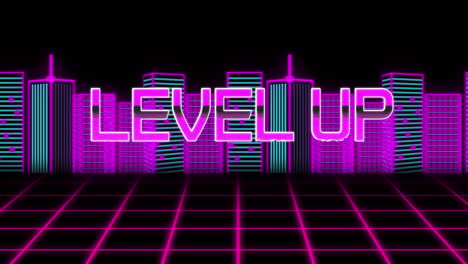 animation of level up text over cityscape on black background