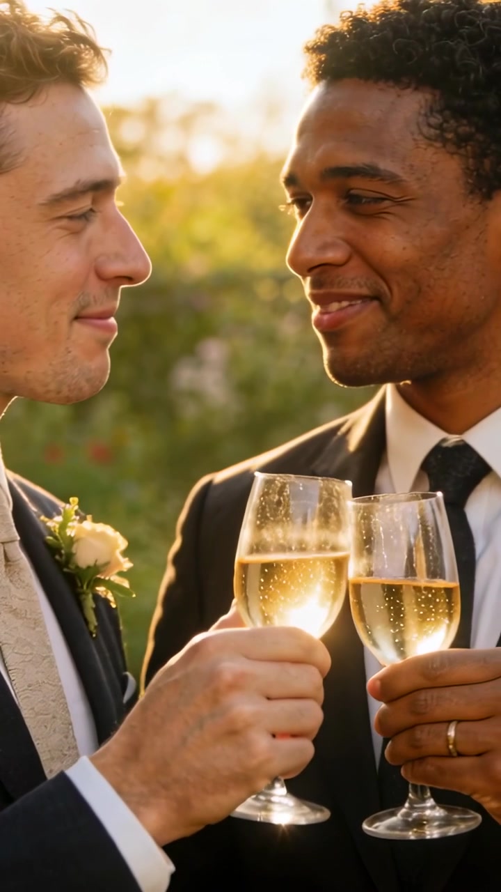 Vertical video: Smiling men in suits toasting champagne flutes for wedding in garden, showing band