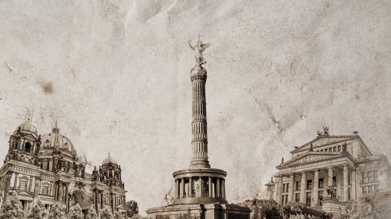 медленный коллаж достопримечательностей берлина в германии, которые постепенно появляются на старой винтажной скрученной бумаге. творческая 4k видеоанимация с эффектом параллакса.