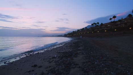 moviéndose de lado en una playa vacía después de la puesta del sol