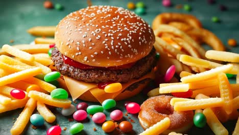 a hamburger, french fries and a donut on a table