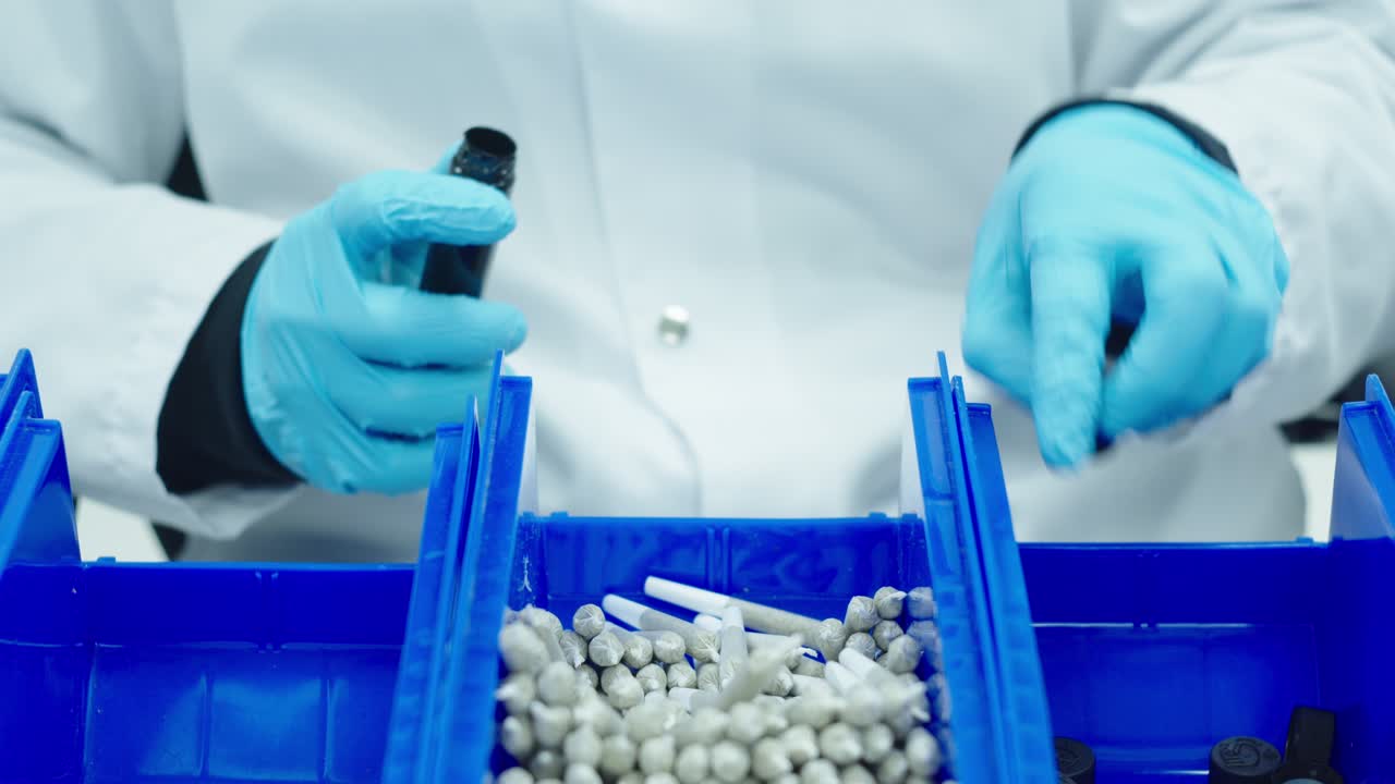 실험실 재과 파란 장갑을 입은 실험실 기술자는 대마초 사전 롤을 튜브에 포장하고 카메라에서 제거하기 전에 봉인합니다.