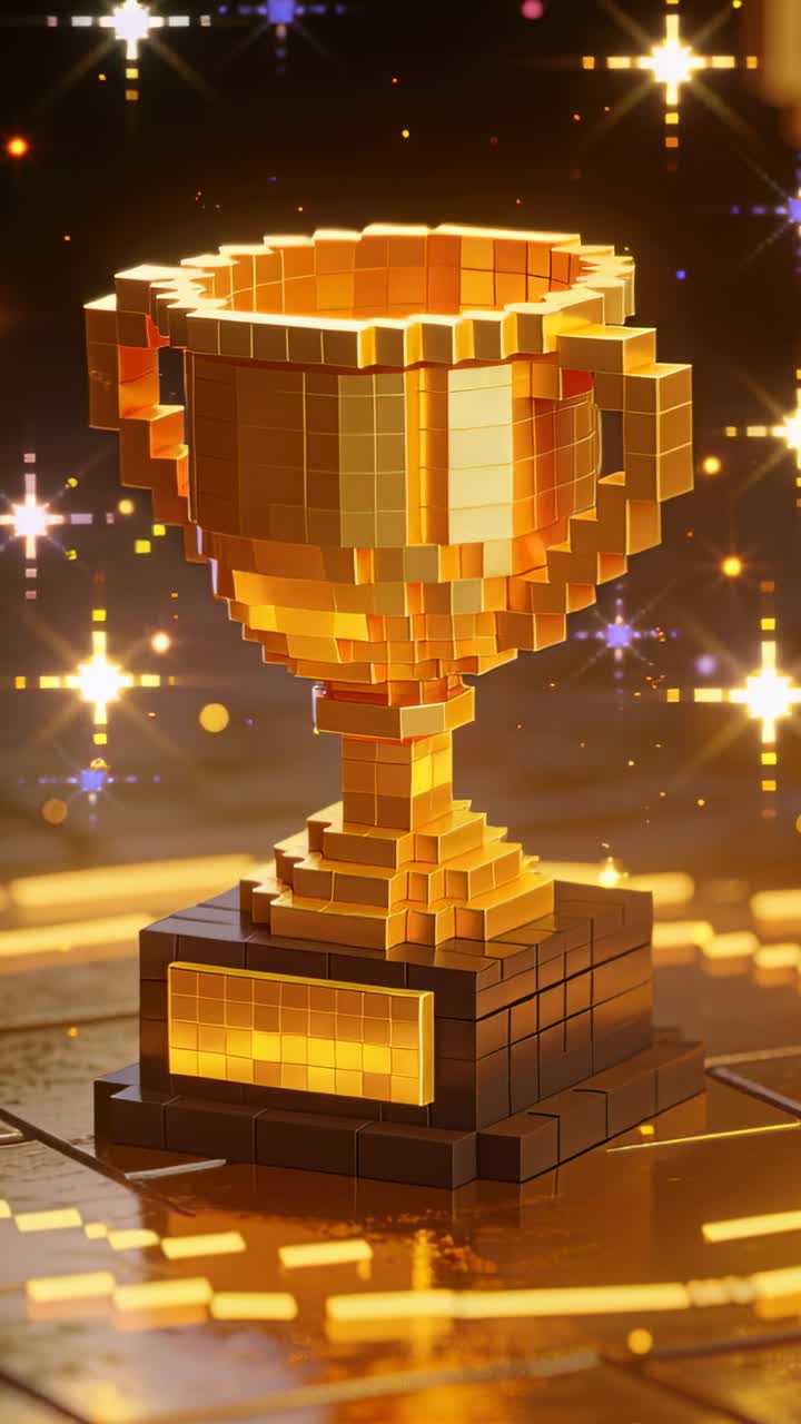 Video verticale: Inizia la rotazione, un trofeo voxel ruota sul palco mettendo in mostra una targhetta e dei luccichii.
