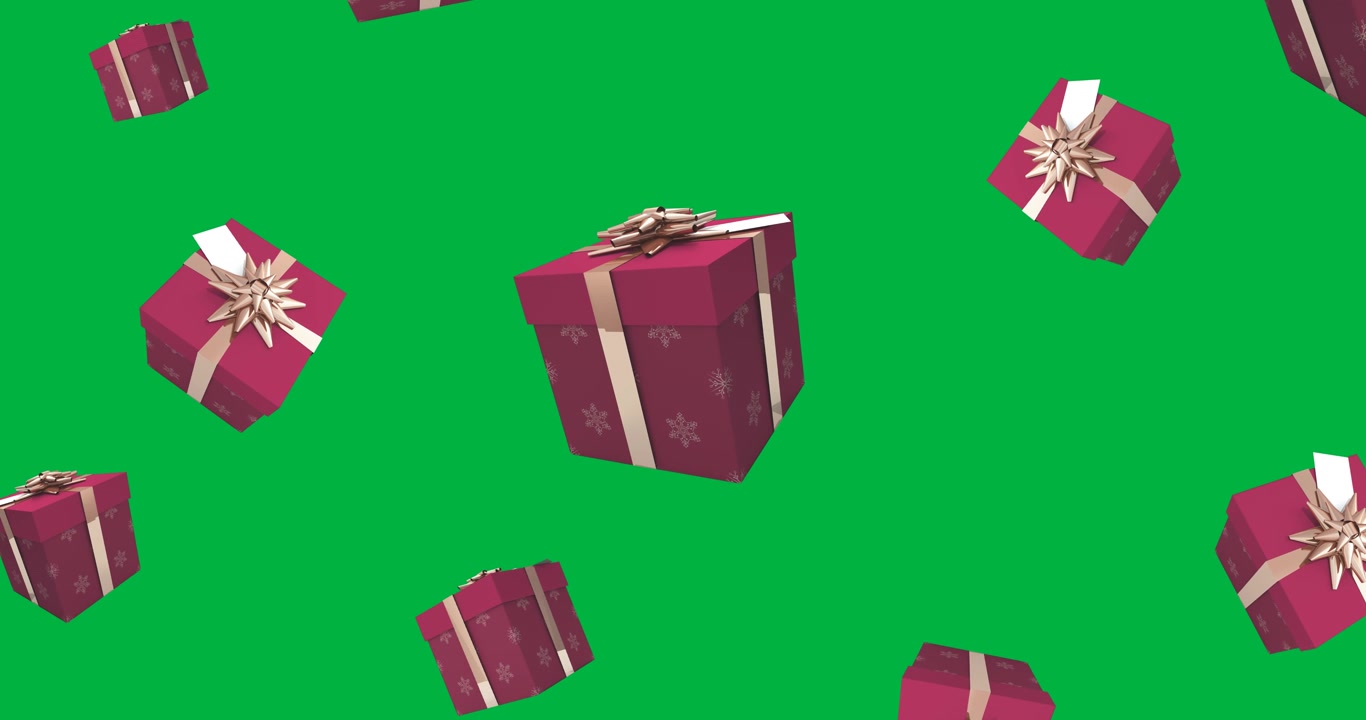 Digital animation of multiple red christmas gift box icons falling against black background