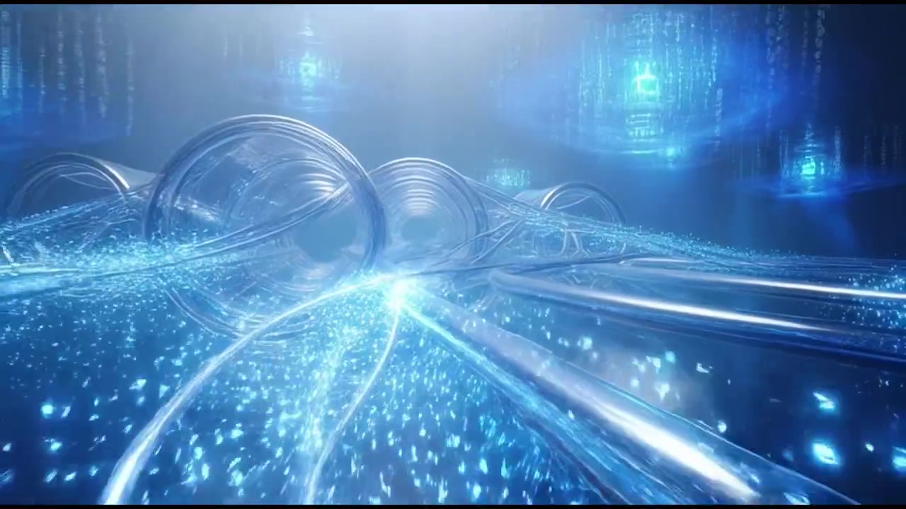 Flusso di dati digitali astratto attraverso tubi di vetro nel cyberspazio