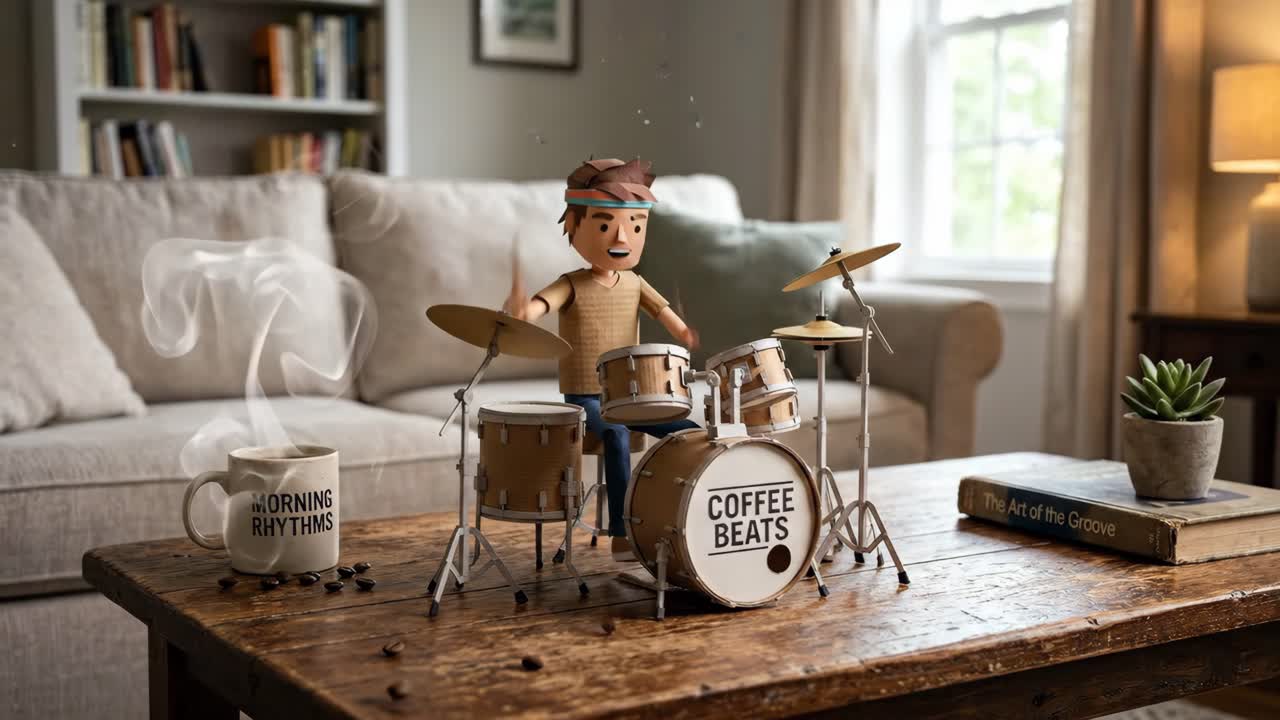 Animated Cartoon Character Playing Miniature Drums with Morning Coffee