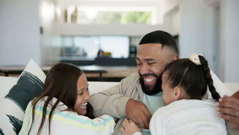 love, tickle and father with children on sofa