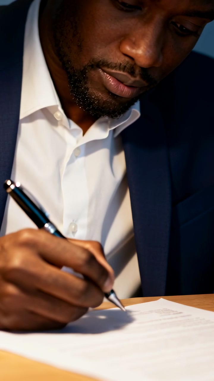 Vertical video: Leaning forward man in navy suit signing document at desk lamp, holding silver pen
