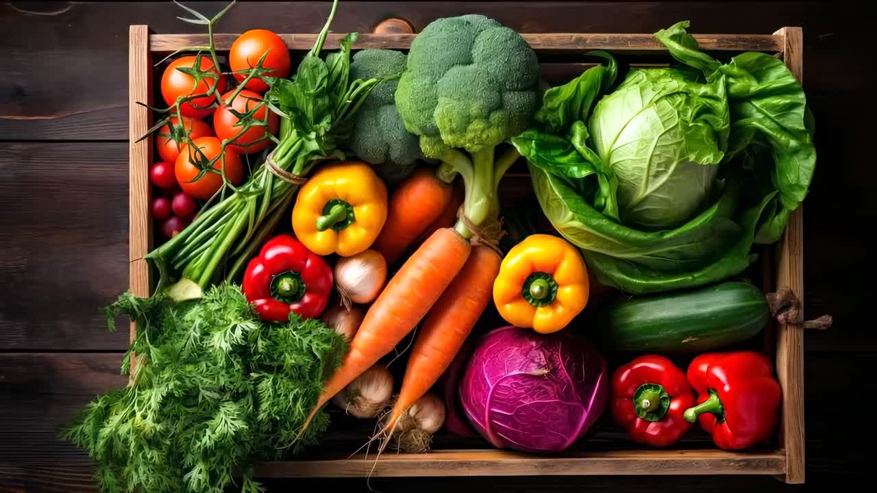 Top-down view of a wooden crate filled with colorful vegetables. The vibrant colors and rustic style