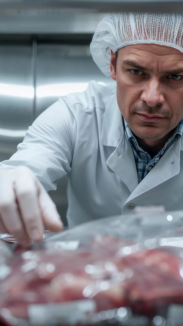 Vertical video: Leaning, gloved worker adjusting label on vacuum-sealed meat in coldroom, verifying
