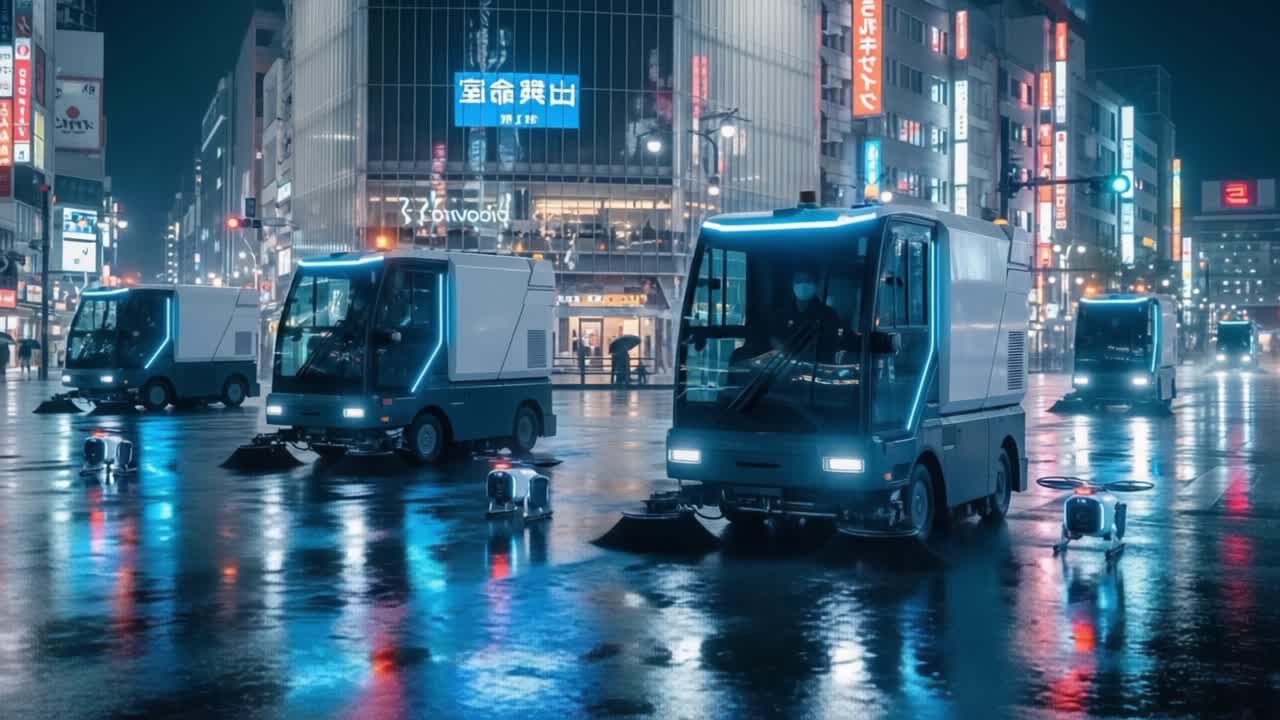 Illuminated Street Cleaning Vehicles Working in a Rain-Drenched Urban Environment, Showcasing a High-Tech Cleanup Process Amid Neon City Lights