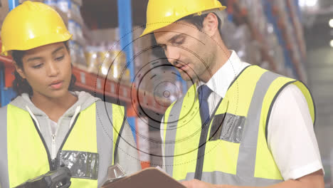 animation of scope scanning over man and woman working in warehouse