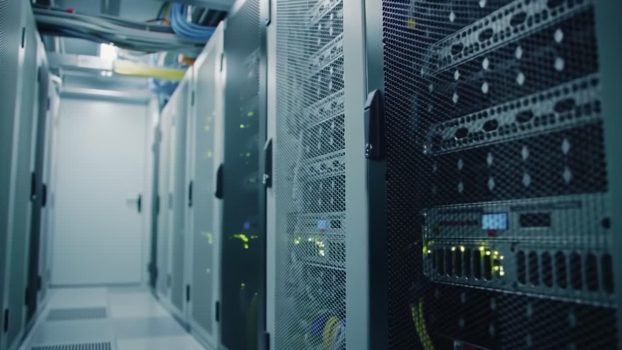 Maintenance at a cloud storage facility reveals unexpected smoke filling the aisle as technicians investigate potential issues in the late evening.