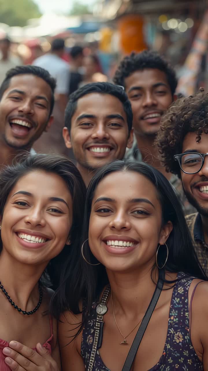 Vertical video: Smiling six friends posing at market while camera clicking, wearing patterned tops