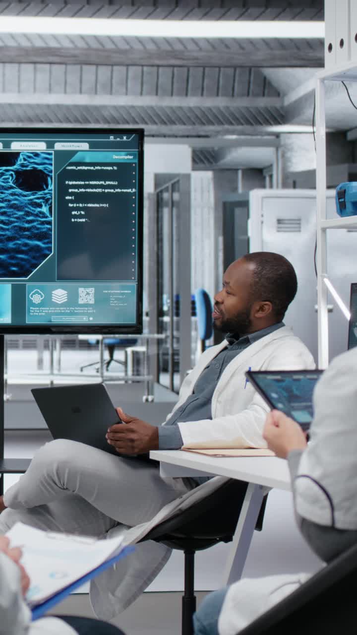 Vertical video Laboratory manager presenting innovative drug development findings