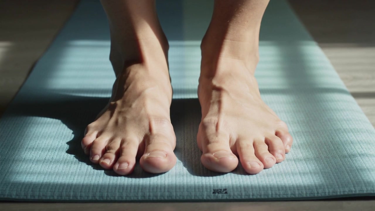 Sposta i piedi allargando le dita, sposta il peso su un tappetino blu, la luce del sole favorisce la preparazione allo stretching.