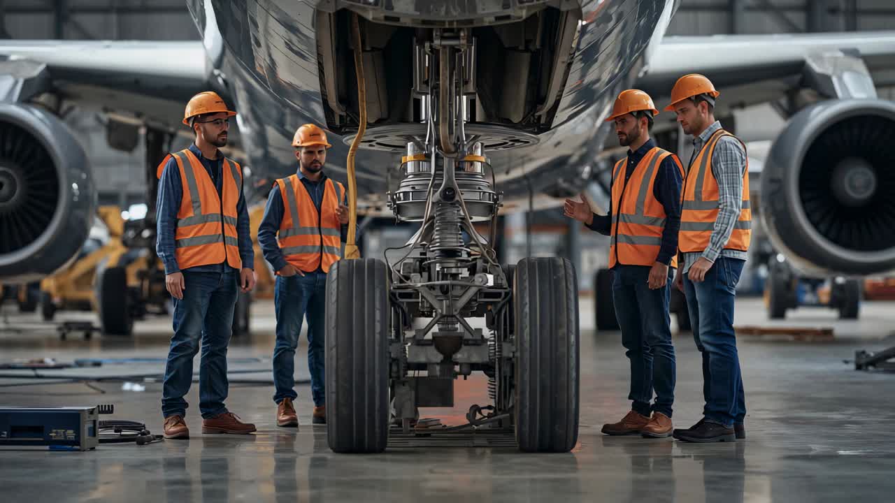 Controllo iniziale, quattro membri del team che gesticolano e ispezionano il carrello anteriore all'interno di un hangar, con gilet e cappelli arancioni