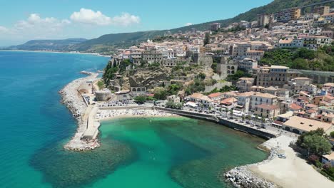 Pizzo-Old-Town-and-Coastline-of-Calabria-in-Italy---Aerial-4k-Circling