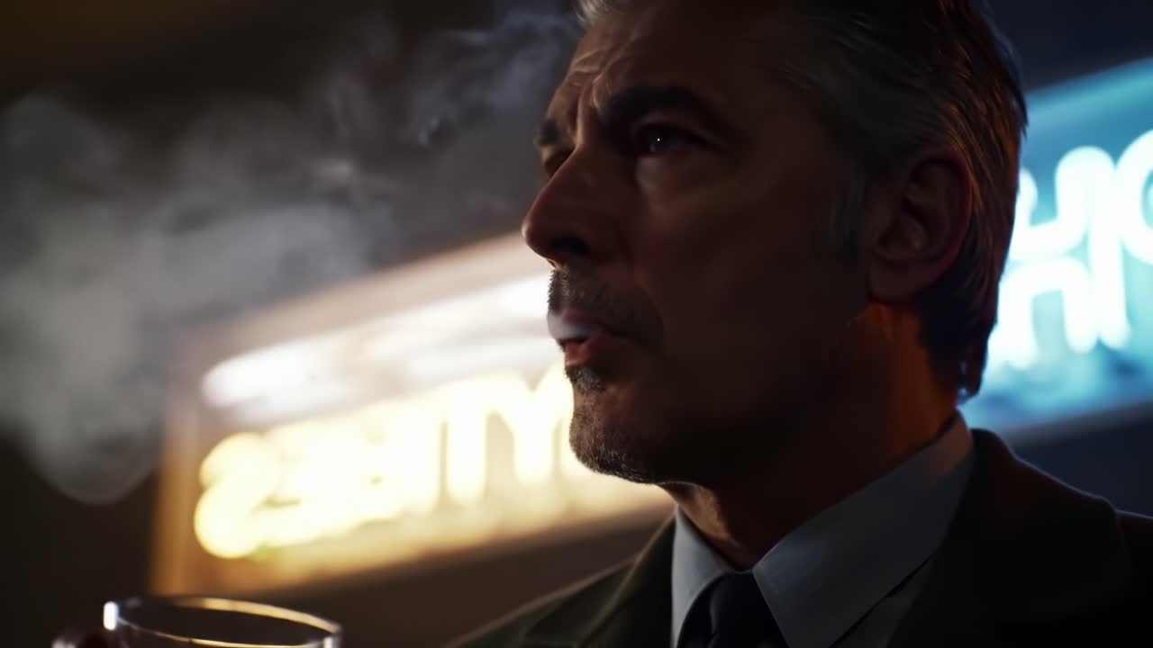 A Thoughtful Man Sips His Drink in a Dimly Lit Bar, Expressing Contemplation and Poise Amidst Faint Neon Lights and Smoke in a Cinematic Atmosphere