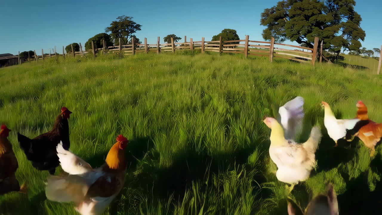 Chickens in a rural meadow
