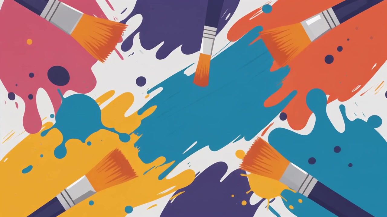 Paint Brushes Creating Colorful Splashes on White Background