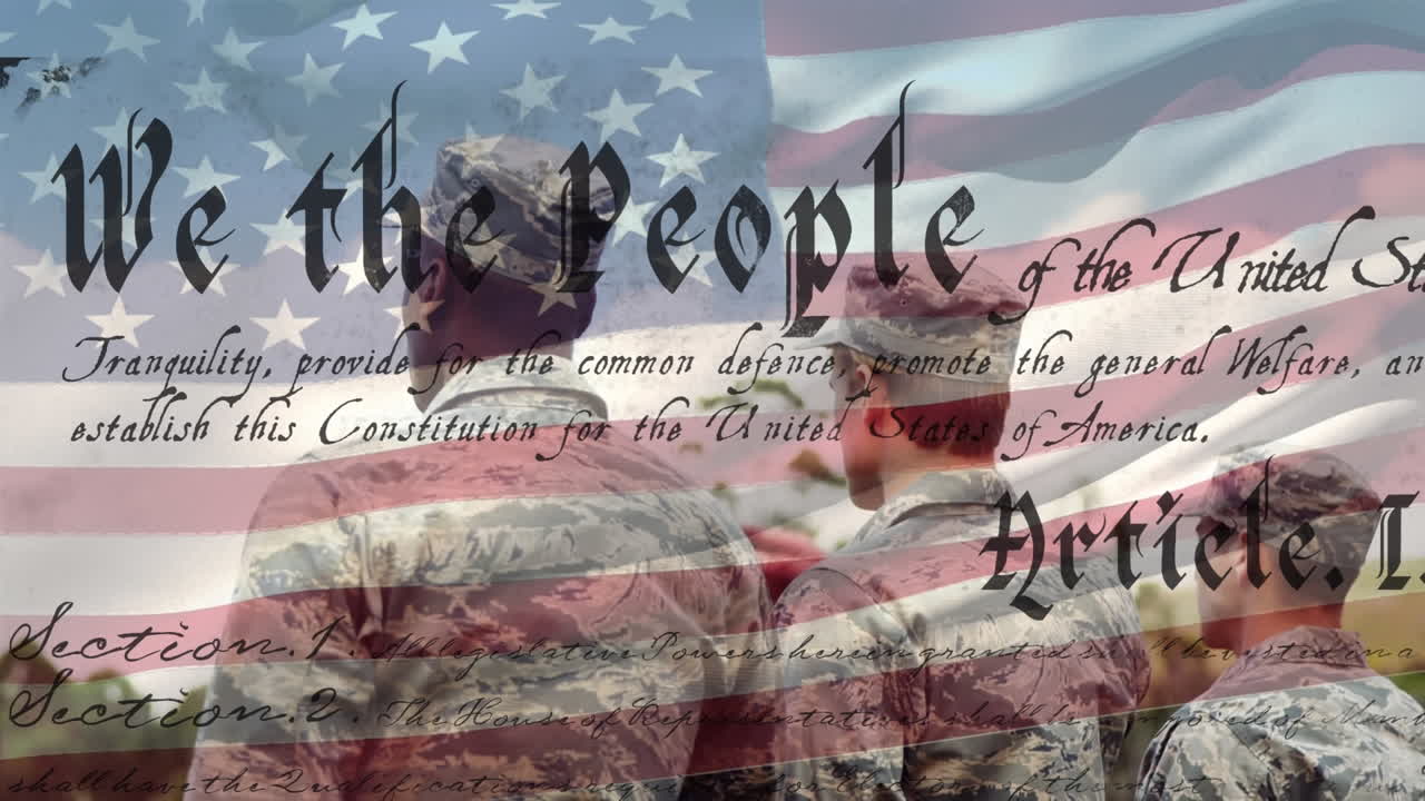 Animation of american flag and text over diverse male soldiers saluting