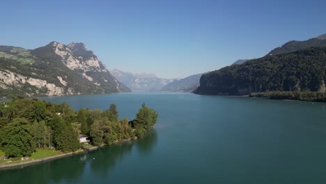 Aerial-view-of-the-great-lakes-in-Switzerland-situated-in-the-valley-surrounded-by-the-mountains