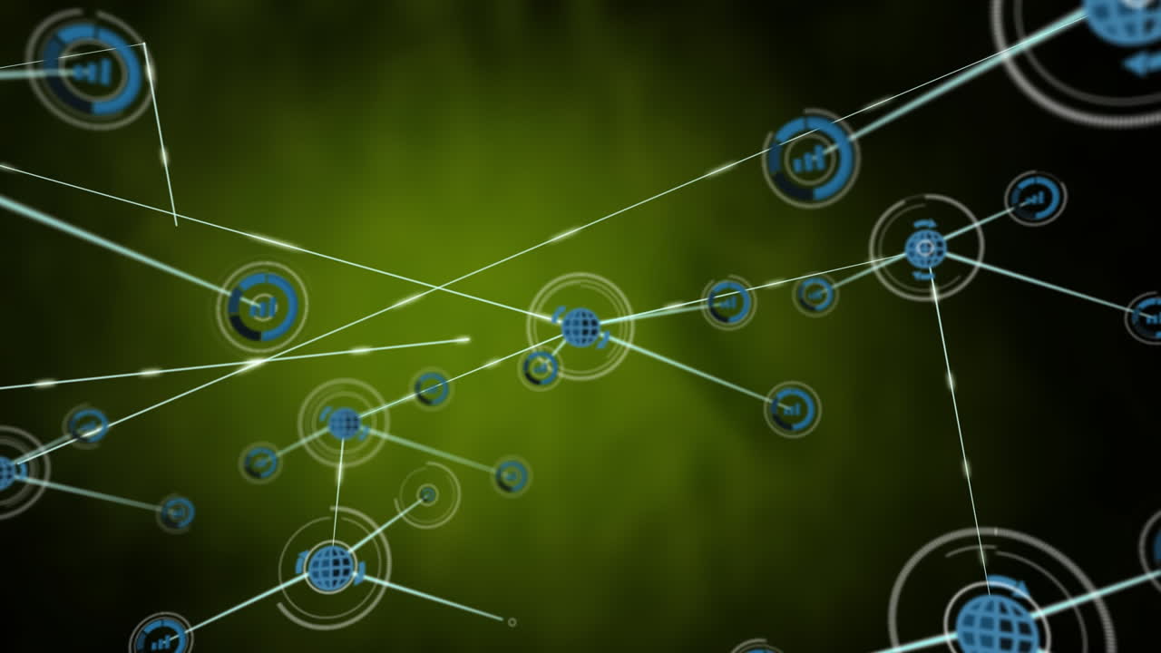 Animation of network of connections with icons over green background