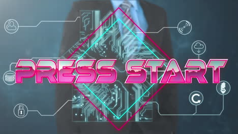 press start text on neon squares against mid section of businessman touching invisible screen