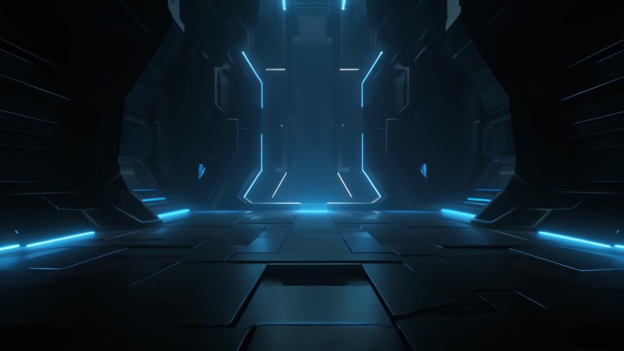 Flyvende Gennem en Mørk Futuristisk Tunnel med Blå Neonlys