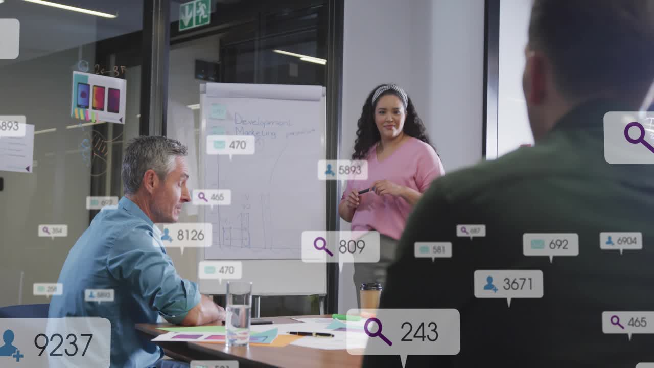 Lead gesturing and speaking, data tags appearing and stacking over chart, showing business metrics