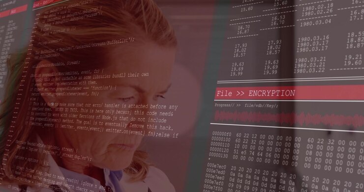 Senior medical doctor spotting encryption start watching semi-transparent code overlay for safety