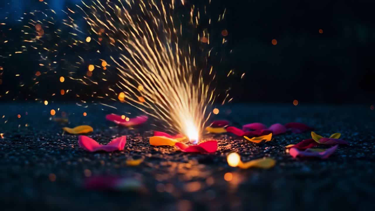 A Stunning Display of Sparkling Fireworks Amidst Colorful Petals on a Dark Surface, Capturing the Enchantment of Nature and Celebration in a Mesmerizing Glimpse