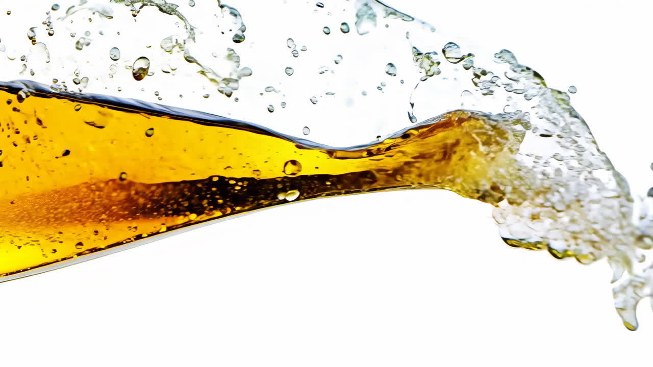 Golden Liquid Splashes in Mid-Air Against a White Background. A vibrant golden liquid flows and splashes dynamically in the air, highlighting its refreshing qualities.