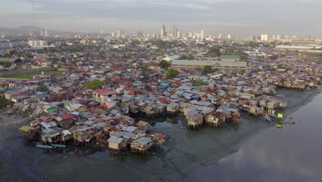 aerial drone video clustered packed city that is built on water-1