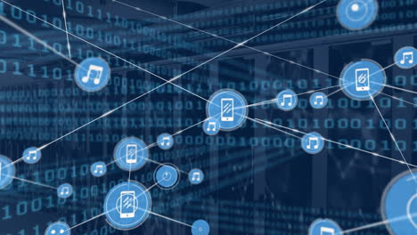 Animation-of-network-of-connections,-binary-coding-over-computer-servers