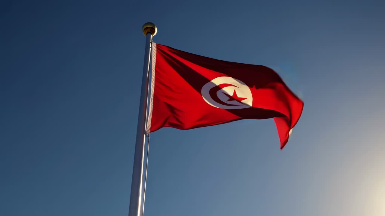 Frøperspektiv af et tunesisk flag, der blafrer mod en klar, blå himmel og indfanger en følelse af stolthed
