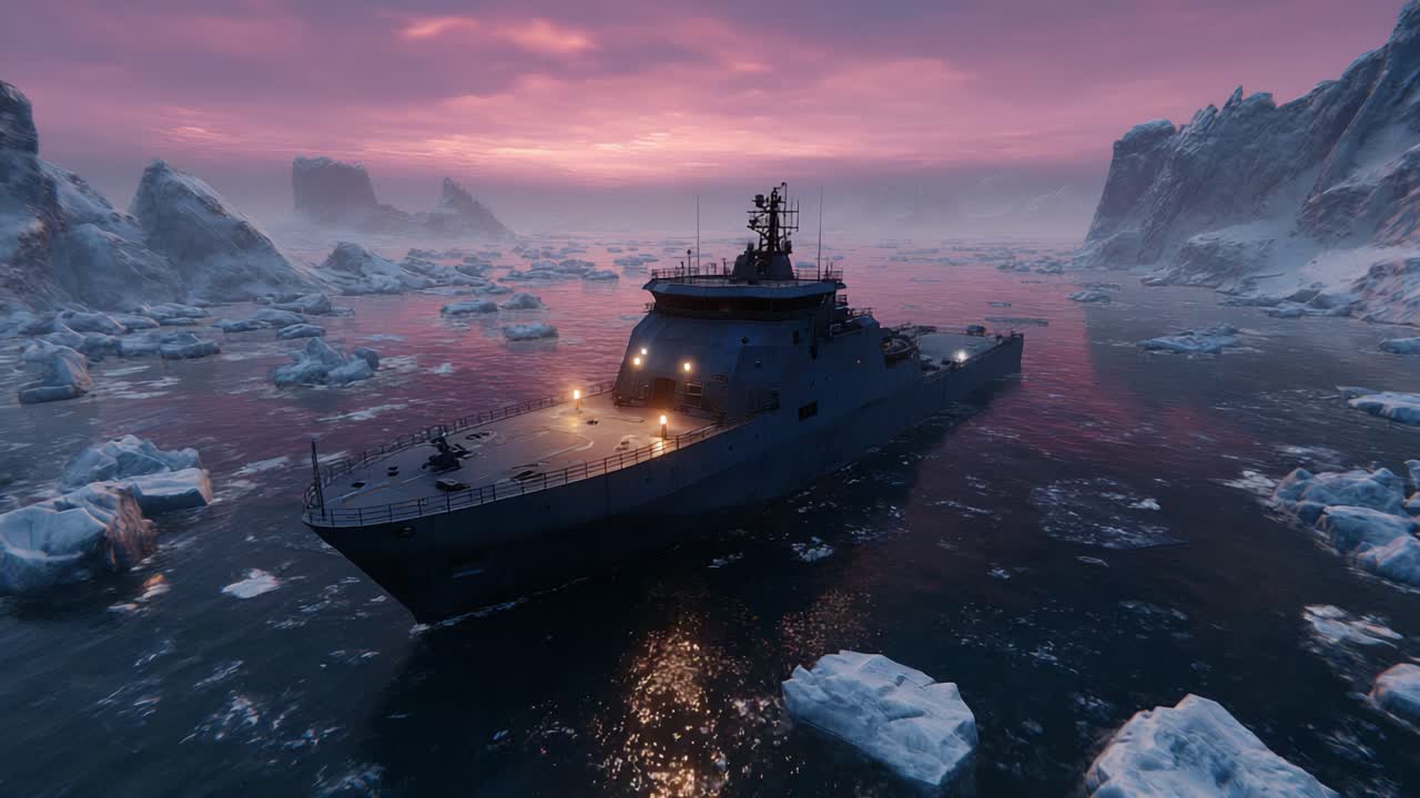 A majestic exploration vessel navigates through a stunning icy seascape at dusk, surrounded by floating icebergs and a vibrant twilight sky, showcasing nature's beauty and adventure