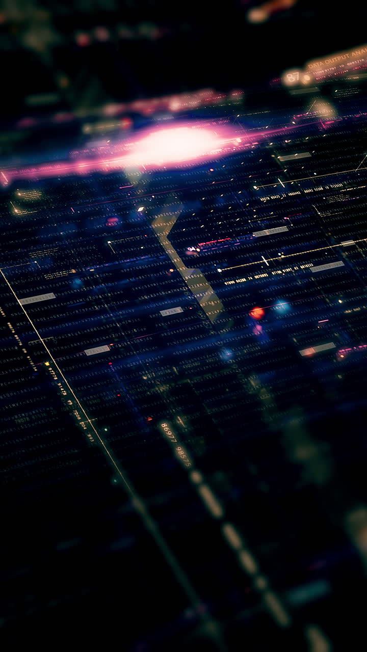 Metaverso futuristico, telemetria dati digitali hi-tech con visualizzazione di numeri crittografati, sfondo dinamico per desktop di computer, display a schermo in formato verticale