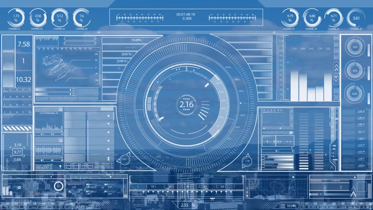 Animation of interface with data processing against aerial view of cityscape