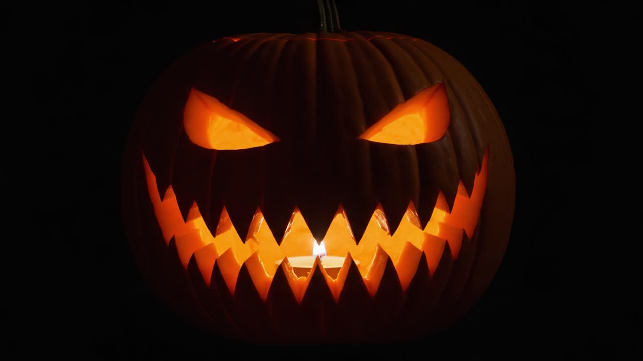 A Creepy Jack-o'-Lantern Glows Mysteriously in the Darkness, Showcasing Its Sinister Grin and Menacing Eyes Perfect for Halloween Festivities and Spooky Atmosphere