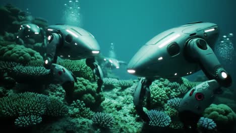 robotic creatures navigate through a colorful coral reef, showcasing advanced technology in underwater exploration. light reflects on the vibrant corals as they move gracefully.