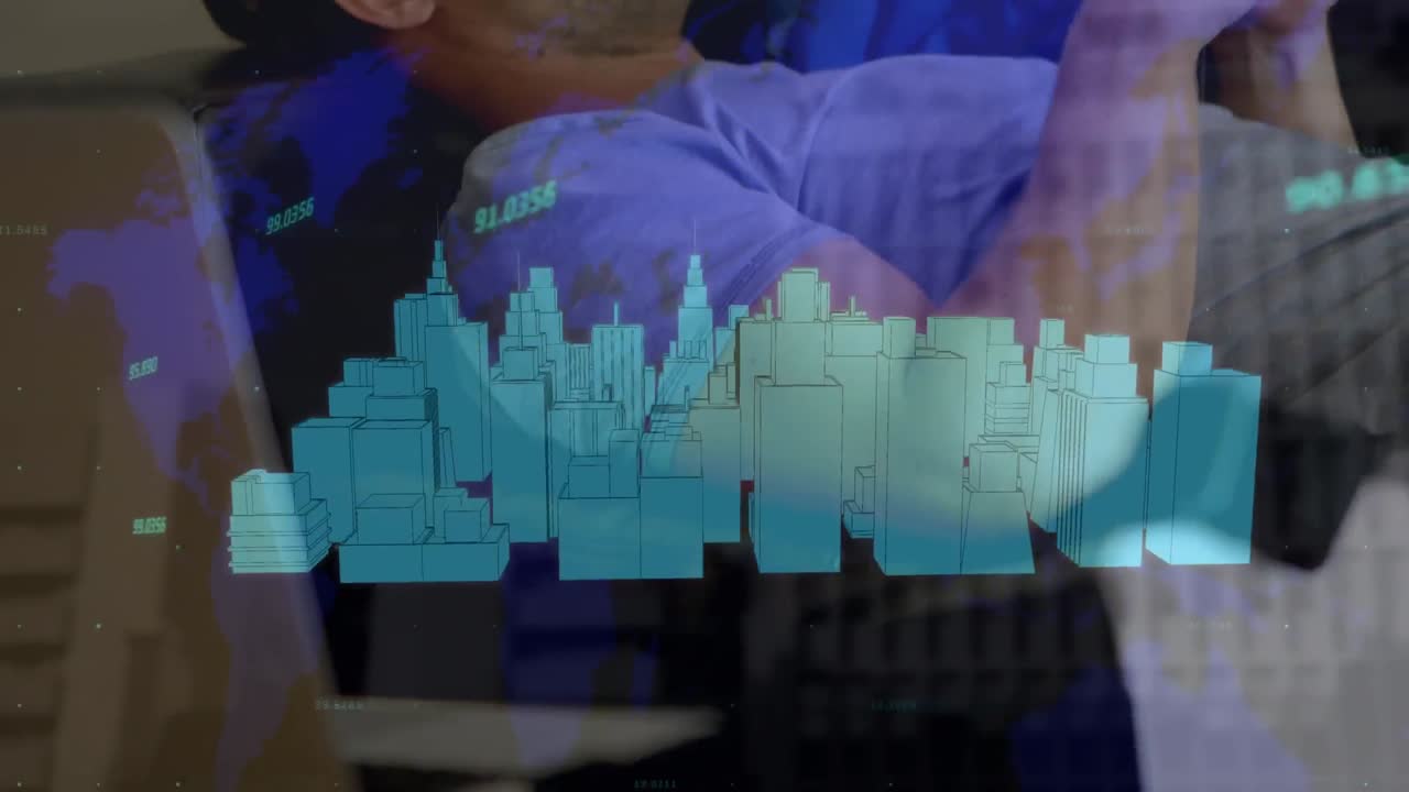 animación de la ciudad y el mapa del mundo sobre un empresario caucásico que usa un teléfono inteligente