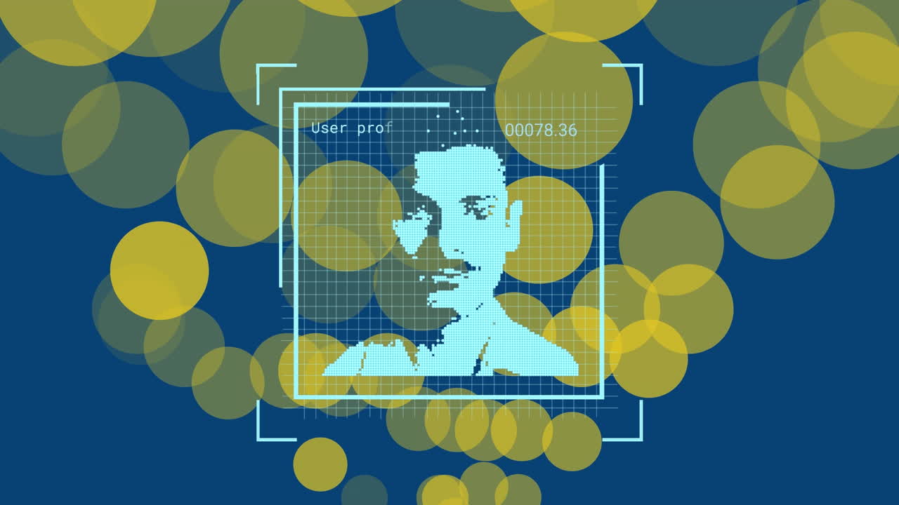 animación de puntos amarillos y foto del usuario sobre fondo azul