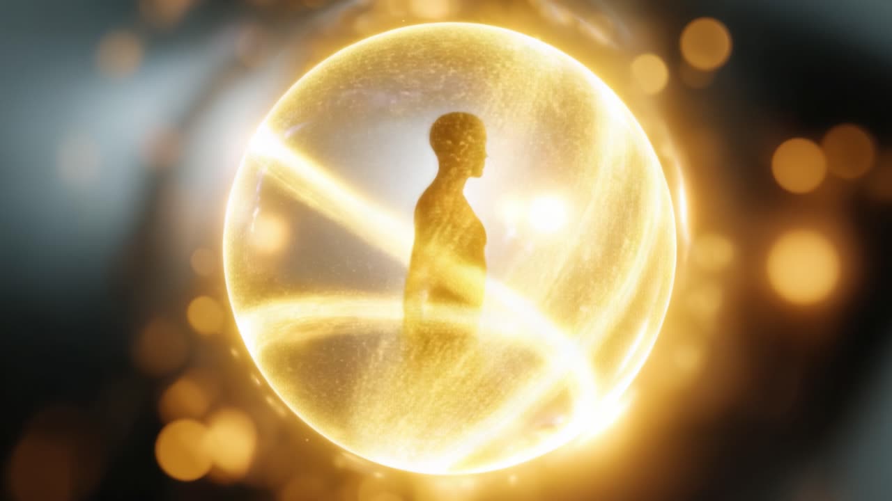 A Journey Through Light and Energy: A Figure Shrouded in a Whirling Sphere of Glow Captivatingly Moves from One Dimension to Another
